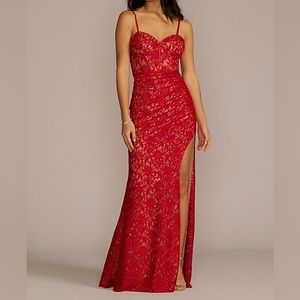 Galina Signature Red Sequin Allover Lace Corset Prom Dress w/ Side Slit Size 4